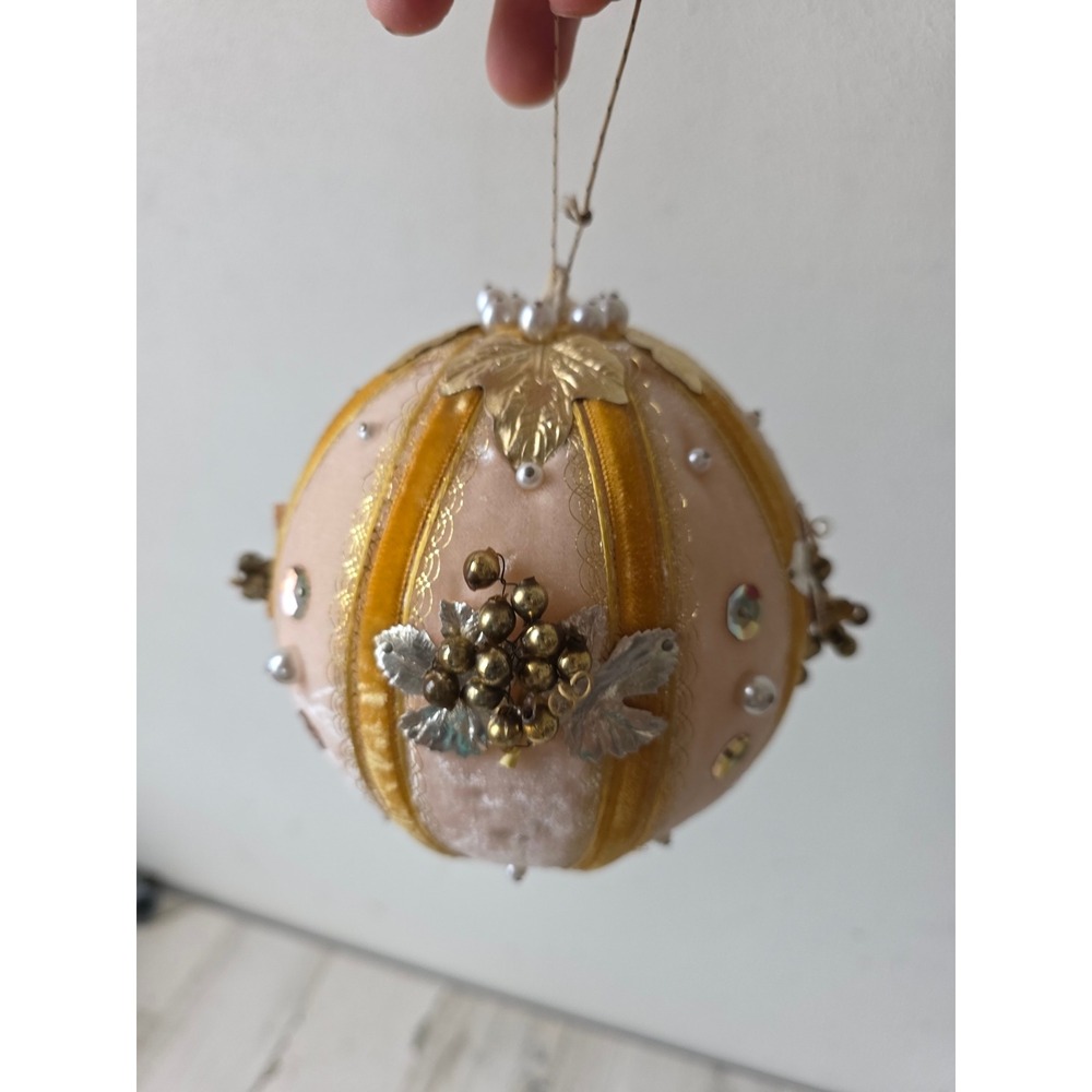 Vintage pushpin ornament ball huge felt Pink gold sequin beaded glass Mercury